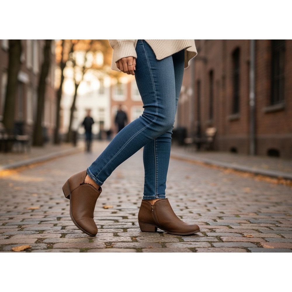 Mata Brown Scalloped Trim Ankle Booties Side Zip Block Heel Size 10‎